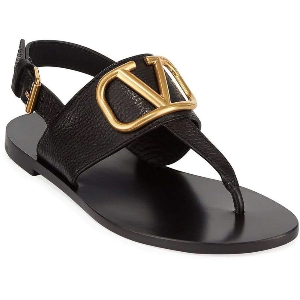 Valentino Garavani V logo signature thong sandal sz 38.5 in Black Leather NIB